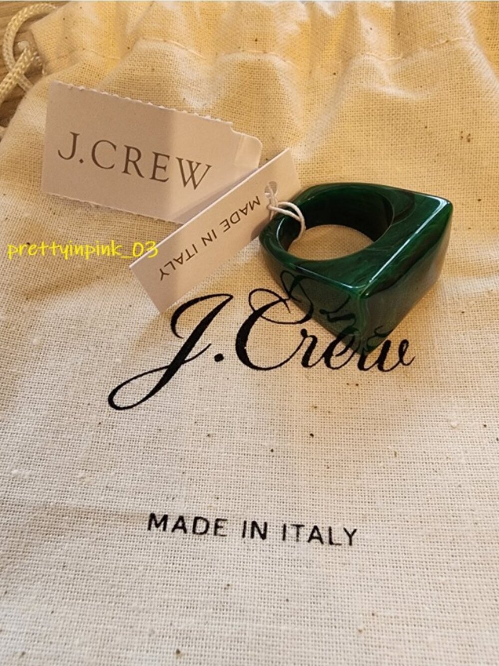 J.Crew Made in Italy Square Face Ring JUNGLE GREEN NWT size M JCrew Pouch
